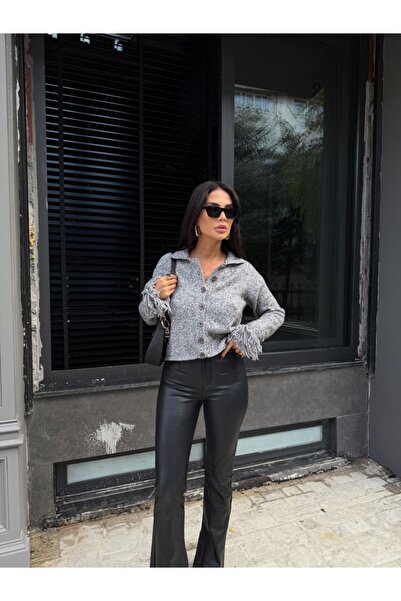 MODAMERSİ Women's Gray Polo Neck Tassel Trim Knit Cardigan