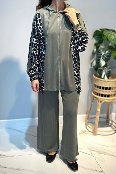 Lale Butik Leopard Pattern Detail Trouser Suit 70081-1 Khaki