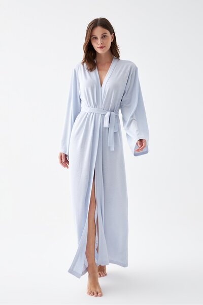Akbeniz Women's Long Blue Combed Cotton Dressing Gown
