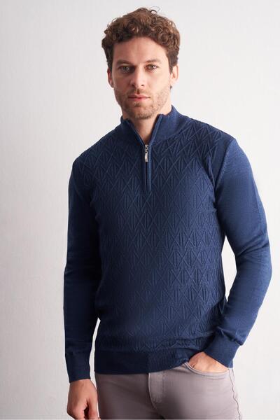 İmza Indigo Blue D Mock Neck Long Sleeve Pocketless S Slim Fit Casual Cotton Knitwear Sweater 1012255108