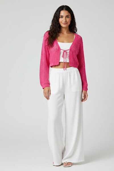 oshebu Women's Lace-Up Front Perforated Knit Cardigan