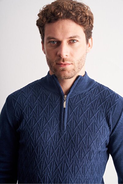 İmza Indigo Blue D Mock Neck Long Sleeve Pocketless S Slim Fit Casual Cotton Knitwear Sweater 1012255108