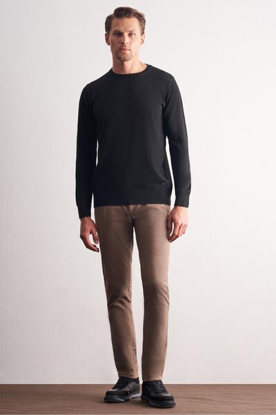 İmza Black Crew Neck Long Sleeve Pocketless Comfort Fit Classic Cotton Knitwear Sweater 1012255206