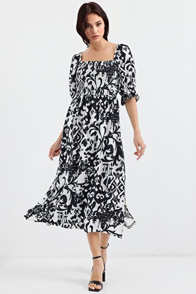 Hiccup Bdart Floral Midi Dress with Square Neckline and Slit
