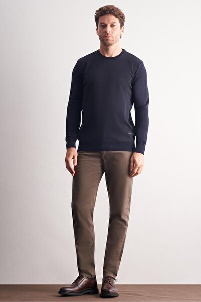 İmza Dark Navy Blue Crew Neck Long Sleeve Pocketless Comfort Fit Cotton Knitwear Sweater 1012255220