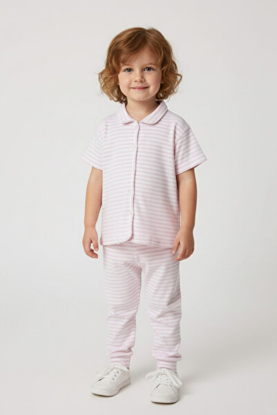 LUESS Girl's Pink Striped Corded Fabric Ribbed Knit Top and Bottom Set