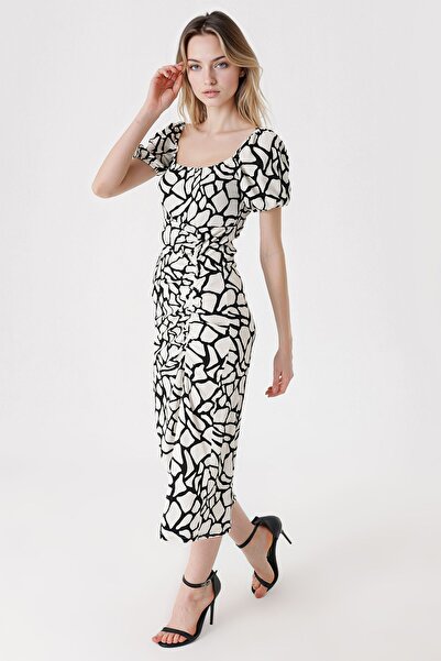 Hiccup Bdart Square Neck Detailed Textured Midi Knitwear Dress