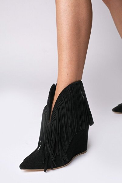 Vanilla Days Nemesis Black Suede Fringe Western Boots with Slim Heel