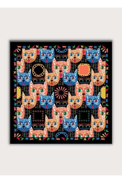 POZİTİF MRK Cat Patterned Black and Multi-Color Twill Satin Scarf 58Cmx58Cm
