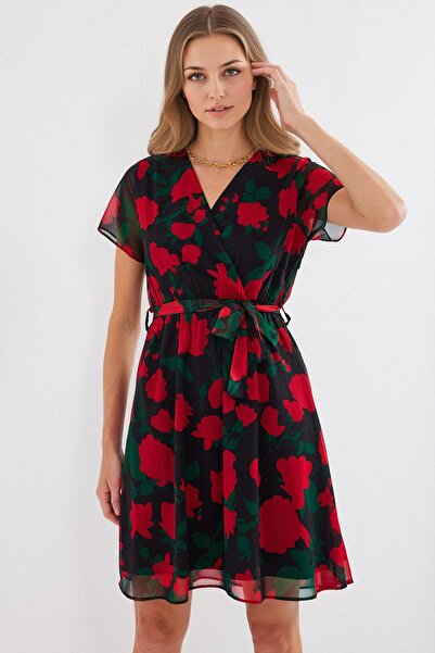 Hiccup Bdart V-Neck Floral Mini Dress with Tie-Up Closure