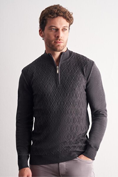 İmza Dark Anthracite Mock Neck Long Sleeve Pocketless Slim Fit Casual Cotton Knitwear Sweater 1012255108