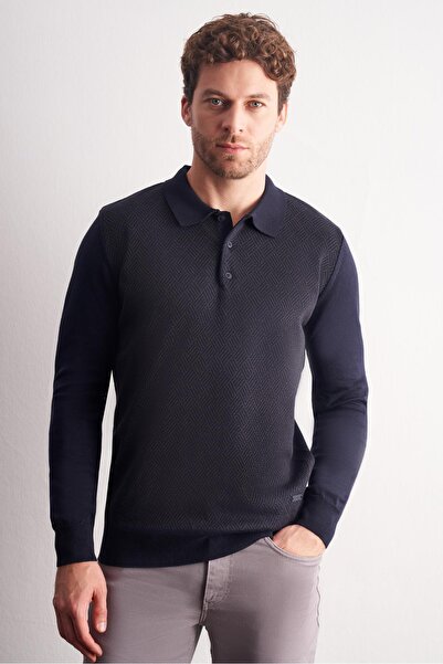 İmza Dark Navy Polo Neck Long Sleeve Pocketless Comfort Fit Cotton Knitwear Sweater 1012255218