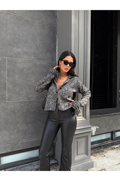 LE CARAMBOLE Women's Black Polo Neck Tassel Trim Knit Cardigan