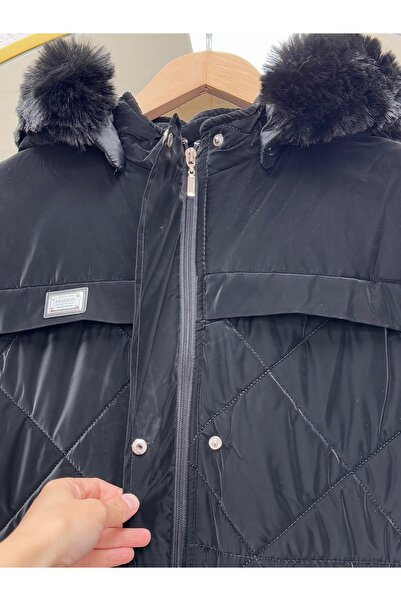 BENAHOLL Belola Hooded Fur Lined Waist Tightening Hidden Zipper Quilted Coat-En2024 Black