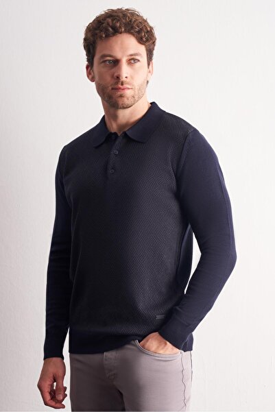 İmza Dark Navy Polo Neck Long Sleeve Pocketless Comfort Fit Cotton Knitwear Sweater 1012255218