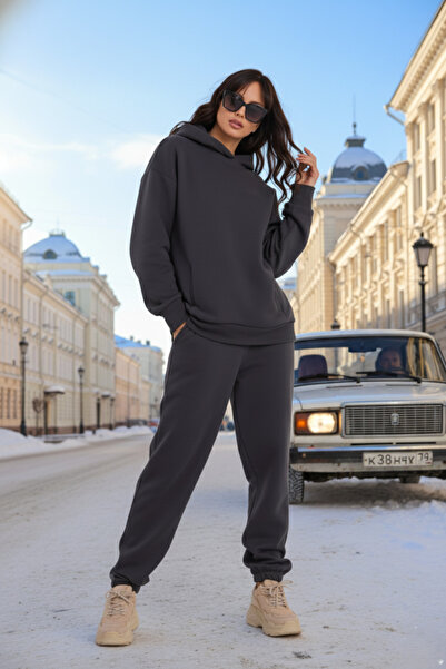 ESPİNA Γυναικείο Σετ Φόρμας oversized τεμαχίων με επένδυση fleece τσέπες- Ανθρακί