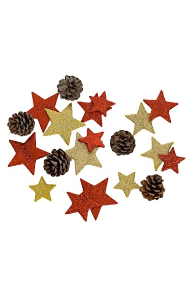 OEM Set de conuri și steluțe decorative, roșii cu sclipici auriu - 20 buc