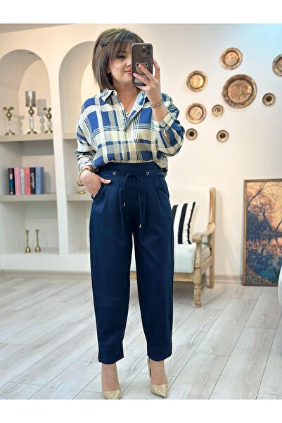 MELTEM TUĞAN Pleated Detail Elastic Waist Carrot Pants Dark Blue