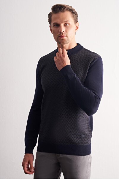 İmza Dark Navy Half Turtleneck Long Sleeve Pocketless Comfort Fit Cotton Knitwear Sweater 1012255222