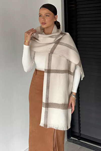 Verahed Ζεστό χειμωνιάτικο μαλακό υφήματος σάλι ώμου με φούντες μακρύ χνουδωτό λευκό καρό σάλι 175x70 εκ.