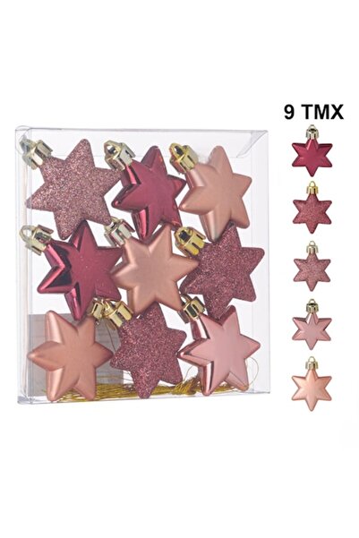 OEM Set de ornamente steluță de Crăciun, auriu roz mat cu sclipici, 5 cm - 9 buc