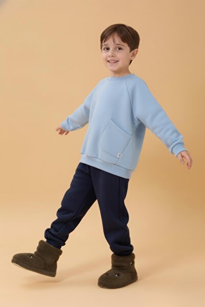 Perendi Boy's Comfortable Fit Pocket Detailed 2-Piece Sweatshirt with Fleece Inside – Brown & Baby Blue