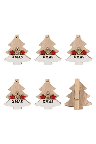 OEM Clești de rufe din lemn de Crăciun, model brad și stele, 5 cm, set de 5, ...