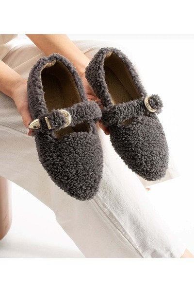 AYAKCİTY Kadın Tokalı Kışlık Babet Ev ve Dış Mekan Ayakkabısı