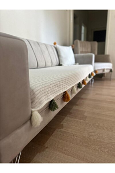 SdfHome PÜSKÜLLÜ KOLTUK ÖRTÜSÜ TAKIMI (2 ÜÇLÜ 2 TEKLİ-SADECE OTURMA ALANI) KREM RENGİ