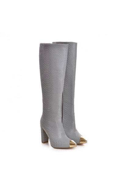 Vanilla Days Valerie Gray Snake Print Block Heel Boots with Gold Accents