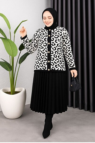 Sfg Life Moda Women's Size 38-42 Matching Fleece-Lined and Knitwear Cardigan with Gold Buttons on the Front and Leopard Print