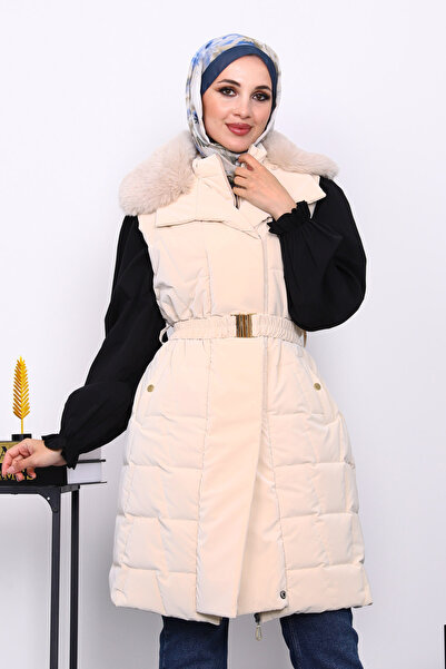 İmajButik Cream Collar Fur Long Inflatable Vest with Rubber Belt