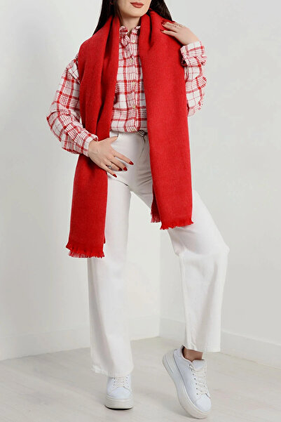 Verahed Warm Thick Winter Soft Textured Tassels Shoulder Shawl Long Puffy Plain Red Shawl Scarf 175X70Cm