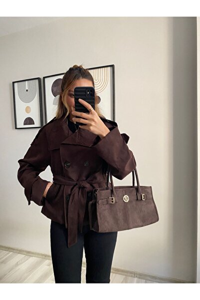 TB Butik Mock Neck and Jacket Collar Premium Suede Trench Coat Jacket