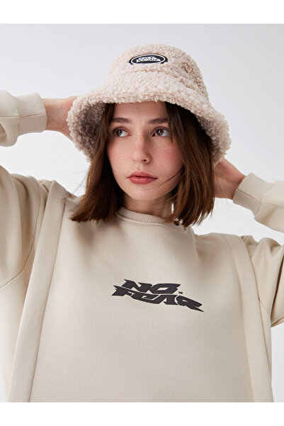 LC Waikiki Women's Plush Bucket Hat with Beige Label Detail