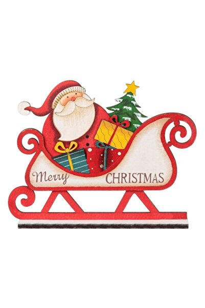OEM Christmas Table Decoration - Wooden Santa Sleigh with Gifts and Tree, "Merry Christmas", Red, 19x4x1