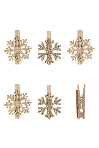 OEM Christmas Decorative Clothespins Set, Snowflake Design, Wood, Beige, 6 Pieces