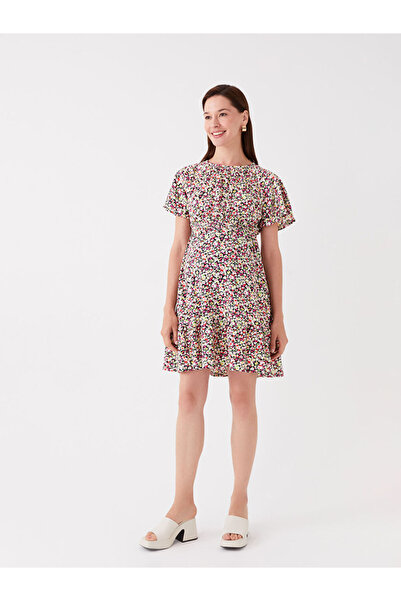 LC Waikiki Pink Crew Neck Floral Short Sleeve Maternity Dress