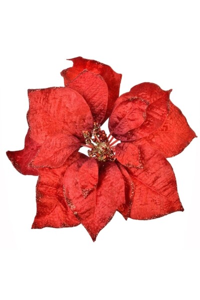 OEM Floare decorativă de Crăciun cu clemă - poinsettia roșie catifelată cu pi...