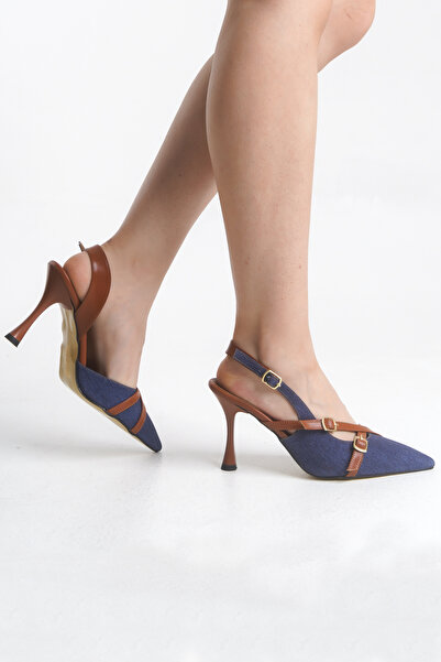 Southwalk Denim Chic Tan Stiletto Denim Patterned Heeled Shoes