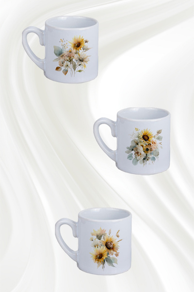 giftkonsept Autumn Flowers Printed 6-Piece White Porcelain Turkish Coffee Cup Set