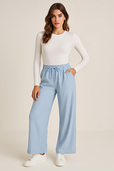 Rich Women's Blue High Waist Elastic Wide Leg Trousers-Multicolour 23