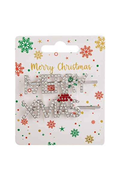 OEM Christmas hair clips with silver rhinestones "Merry Xmas" 7 cm - 2 pcs