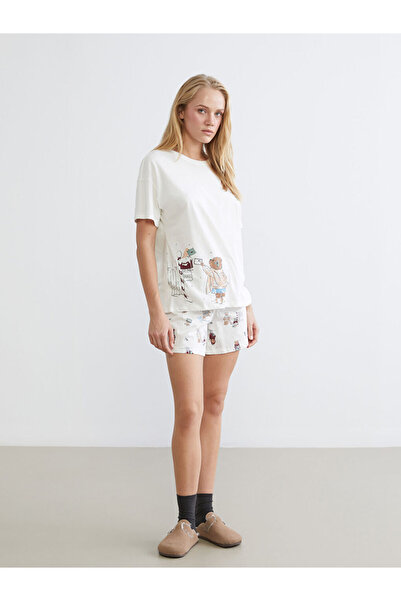 LC Waikiki Ecru Crew Neck Printed Women's Shorts Pajama Set