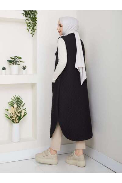 KMKkombin Women's New Season Quilted Shirt Collar with Double Pockets on the Chest Long Vest