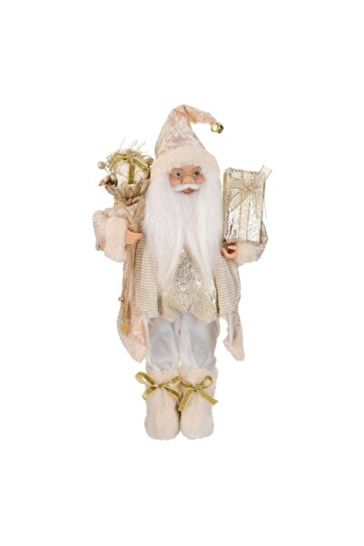 OEM Figurină Moș Crăciun cu haină de șampanie, cadou și sac - 45 cm