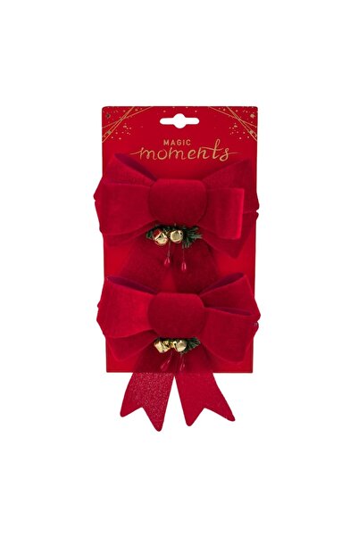 OEM Funde decorative de Crăciun din catifea roșie cu clopoței și crenguță de brad, 16cm - 2 buc