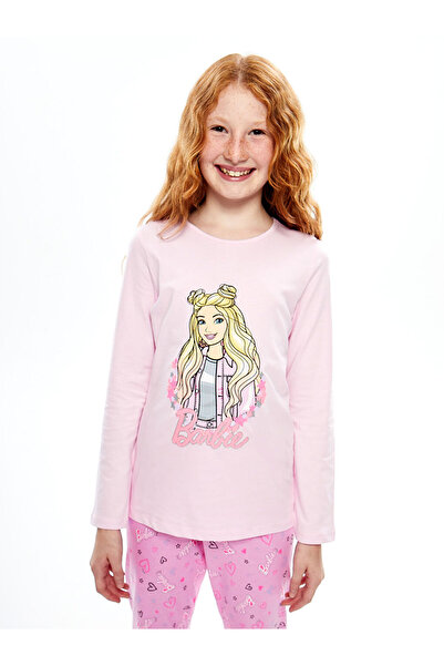 LC Waikiki Pink Crew Neck Printed Long Sleeve Girls Pajama Set