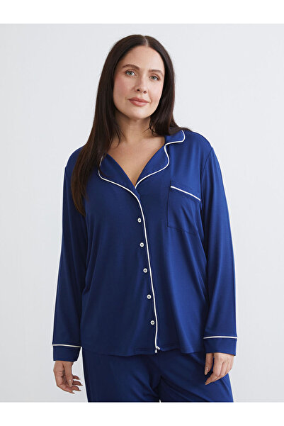 LC Waikiki Navy Blue Plus Size Shirt Collar Women's Pajama Set