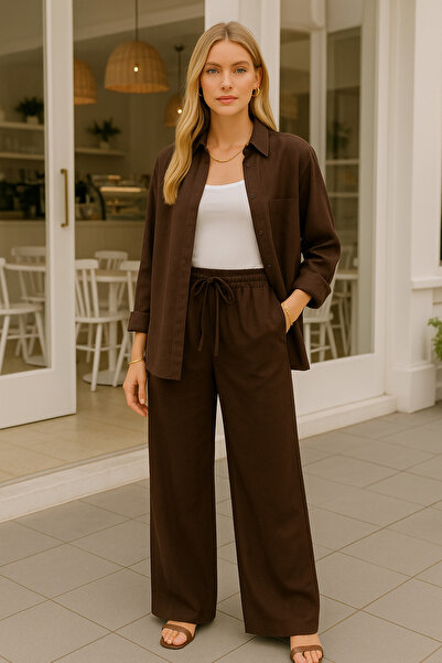 Rich Women's Brown High Waist Elastic Wide Leg Trousers-Multicolour 34